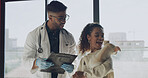Adoption, clipboard and happy people with dog for foster application, health check and pet information. Animal shelter, sanctuary and man with paperwork for woman for rescue, care or approval process