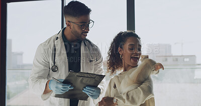 Buy stock photo Clipboard, vet and woman with dog at adoption center for foster application, health check and pet info. Animal shelter, sanctuary and man with medical paperwork for owner for rescue, care or approval