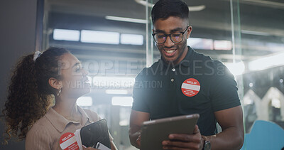 Buy stock photo Animal shelter, people and online with tablet for pet info, website update and application review. Happy, volunteers and digital tech at rescue center for adoption system, charity NGO and teamwork