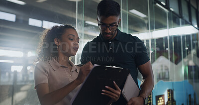 Buy stock photo Clipboard, writing and volunteer with people at pound for adoption application, team and charity. Animal welfare organization, foster care agreement and pet form with man and woman with paperwork