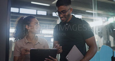 Buy stock photo Clipboard, team and volunteer with people at kennel for adoption application, discussion and charity. Animal welfare organization, foster care agreement and pet form with man and woman with paperwork