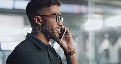 Buy stock photo Face, phone call and smile with business man in office at night for conversation or project update. Communication, negotiation and planning with happy employee speaking on mobile for networking