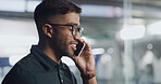 Face, happy and phone call with business man in office at night for conversation or project update. Communication, negotiation and planning with smile of employee speaking on mobile for networking