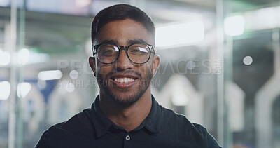 Buy stock photo Portrait, intern and man with pride, office or opportunity for career growth in newsroom or creative. Confident, reporter and person with ambition for skill development, journalism job and internship