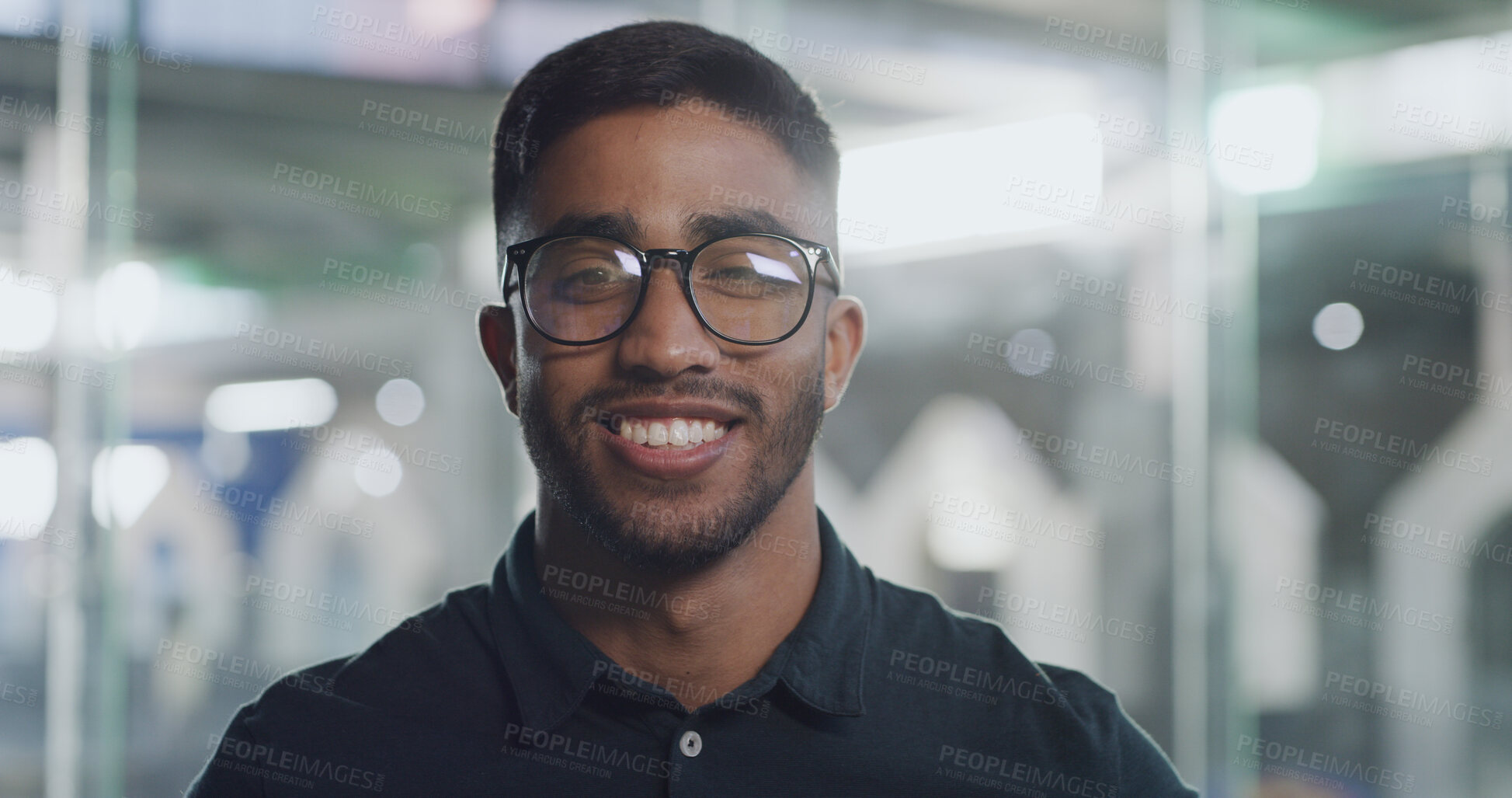 Buy stock photo Portrait, intern and man with pride, office or opportunity for career growth in newsroom or creative. Confident, reporter and person with ambition for skill development, journalism job and internship