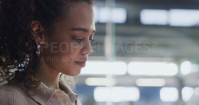 Buy stock photo Face, planning and thinking with business woman on space in office for problem solving or solution. Brainstorming, information and reading with serious employee in workplace for idea development