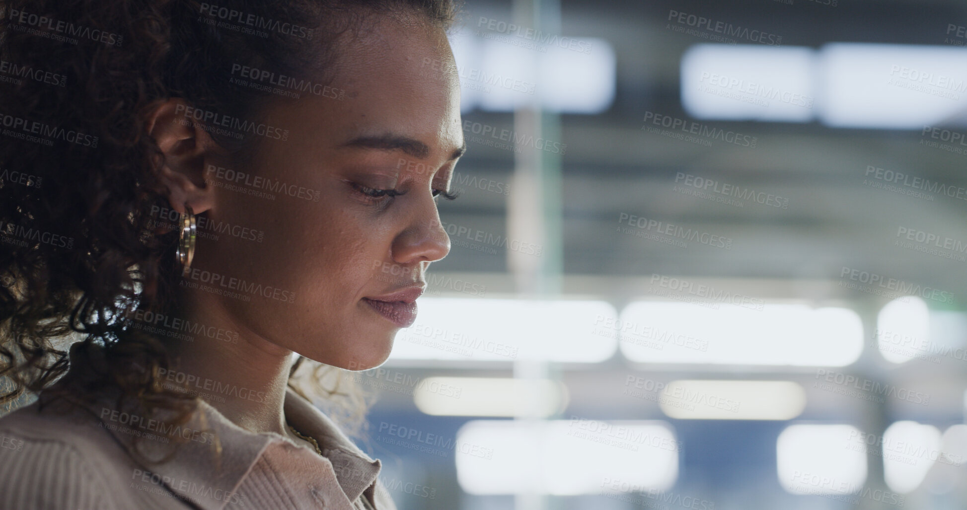 Buy stock photo Face, planning and thinking with business woman on space in office for problem solving or solution. Brainstorming, information and reading with serious employee in workplace for idea development
