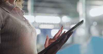 Buy stock photo Tablet, night and hands of woman in office for online report, article research and website blog. Creative agency, publishing and person on digital tech for copywriting, project deadline and planning