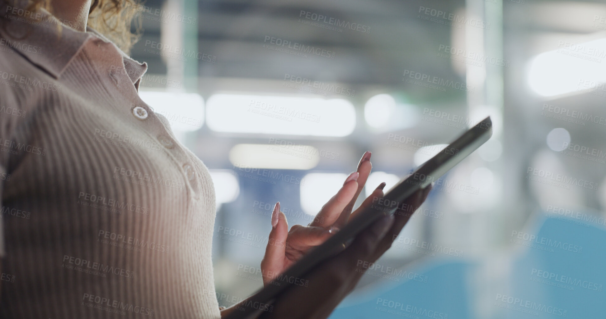 Buy stock photo Tablet, night and hands of woman in office for online report, article research and website blog. Creative agency, publishing and person on digital tech for copywriting, project deadline and planning