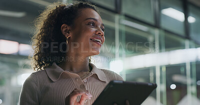 Buy stock photo Design, tablet and thinking with business woman in office at night for creative research or planning. App, development and idea with happy designer in workplace for evening feedback or review