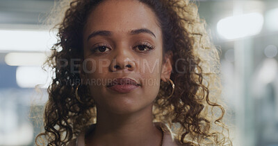 Buy stock photo Night, employee and woman in office, portrait and confident for career development or job promotion. Working late, reporter and person with pride for opportunity, serious and ambitious in newsroom