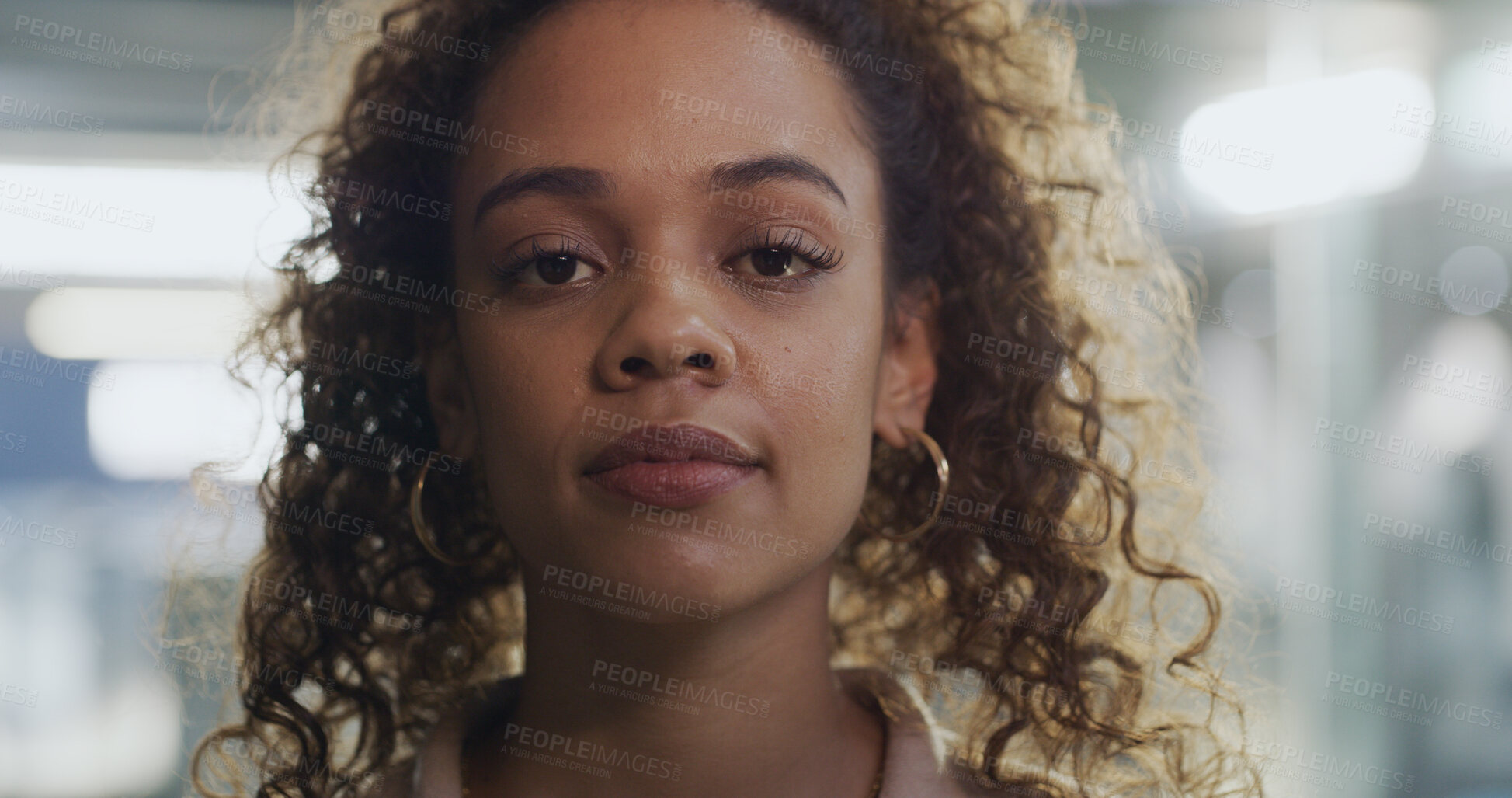 Buy stock photo Night, employee and woman in office, portrait and confident for career development or job promotion. Working late, reporter and person with pride for opportunity, serious and ambitious in newsroom