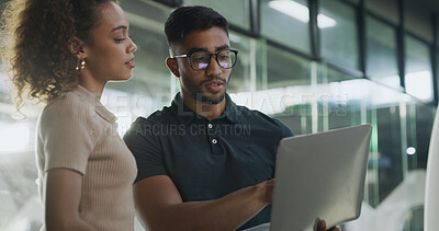 Buy stock photo Laptop, conversation and web developers in office with troubleshooting online problem. Computer, team and IT professionals with discussion on technology for technical issue on website in workplace.