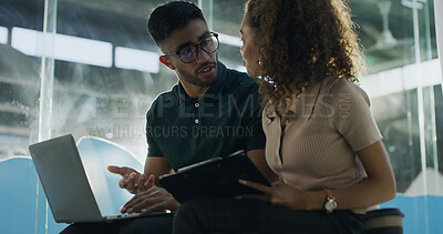 Buy stock photo People, programmer and help with laptop in office for coding, software update and testing program. Staff, reading and pc for IT collaboration, troubleshooting website and problem solving of debugging