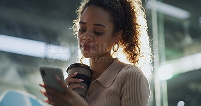 Buy stock photo Coffee, phone and travel with woman in bus terminal for commute schedule or public transportation. App, drink and check in with passenger in lobby or waiting room at night for communication or trip