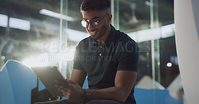 Buy stock photo Smile, tablet and travel with man in terminal of airport for flight schedule or online booking. App, waiting and wireless check in with happy passenger in lobby at night for international journey