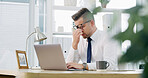 Businessman, headache and laptop at office, glasses and eye strain with fatigue, burnout and pain. Person, computer and migraine with spectacles, stress or brain fog with vertigo at finance agency