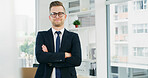 Crossed arms, happy and portrait of businessman in office with confidence for finance career. Smile, glasses and male financial advisor from Canada with pride for job development in workplace.
