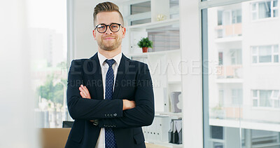 Buy stock photo Crossed arms, happy and portrait of businessman in office with confidence for finance career. Smile, glasses and male financial advisor from Canada with pride for job development in workplace.