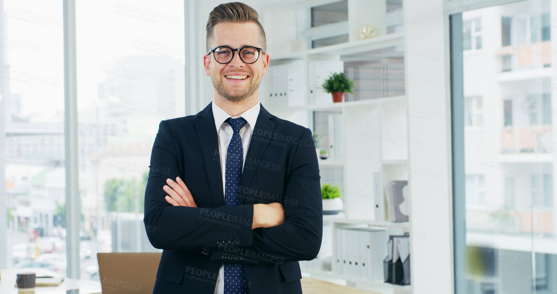Buy stock photo Crossed arms, smile and portrait of businessman in office with confidence for finance career. Happy, glasses and male financial advisor from Canada with pride for job development in workplace.