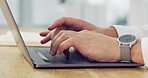 Typing, online and hands with laptop, office and planning for proposal on web, corporate or project. Business, account manager and person with tech for investment opportunity, research and report