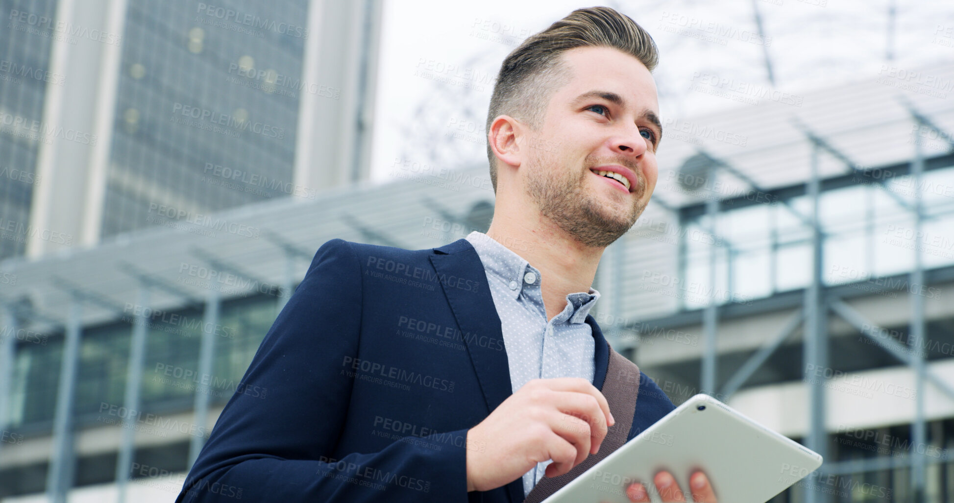 Buy stock photo City, think and man with tablet, happy or legal assistant with positive feedback, travel and online. Outdoor, law intern and person with smile for job promotion, reflection and career development