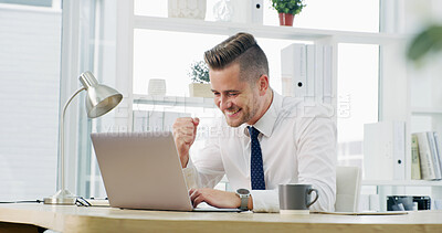 Buy stock photo Fist pump, success and business man on laptop for finance bonus, online profit and investment. Corporate, celebrate and person on computer happy for financial victory, achievement and budget approval