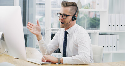 Buy stock photo Customer service, office and business man on computer for online help, virtual assistance and contact. Professional, corporate and person with headset on pc for communication, advice and support