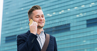 Buy stock photo Travel, phone call and businessman with smile for city, commute or real estate agent with negotiation. Urban, realtor and trip with smartphone for talking, walk or contact for mobile property deal