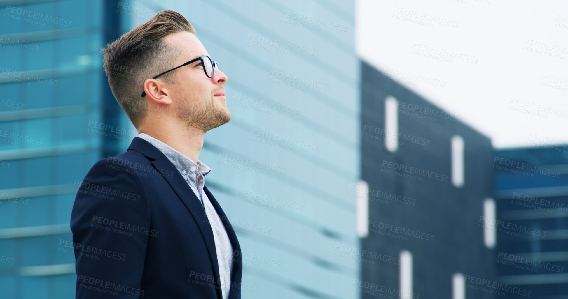 Buy stock photo Business, man or thinking with planning in city for property viewing, urban development or real estate. Space, realtor and reflection for building vision, expansion opportunity and location insight