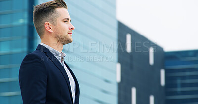 Buy stock photo Business, man or thinking with vision in city for property viewing, urban planning or real estate. Space, realtor or reflection outdoor for building inspiration, expansion venture or location insight