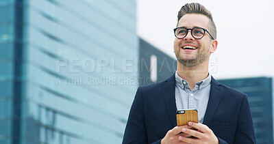 Buy stock photo Phone, happy and businessman in city with networking, email or communication on mobile app. Smile, walking and male financial manager with cellphone for investment plan for client in urban town.