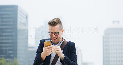 Buy stock photo Celebrate, phone and businessman in city with message for winning, success or achievement. Technology, happy and excited male person with smile, morning commute and cellphone on town street for goal