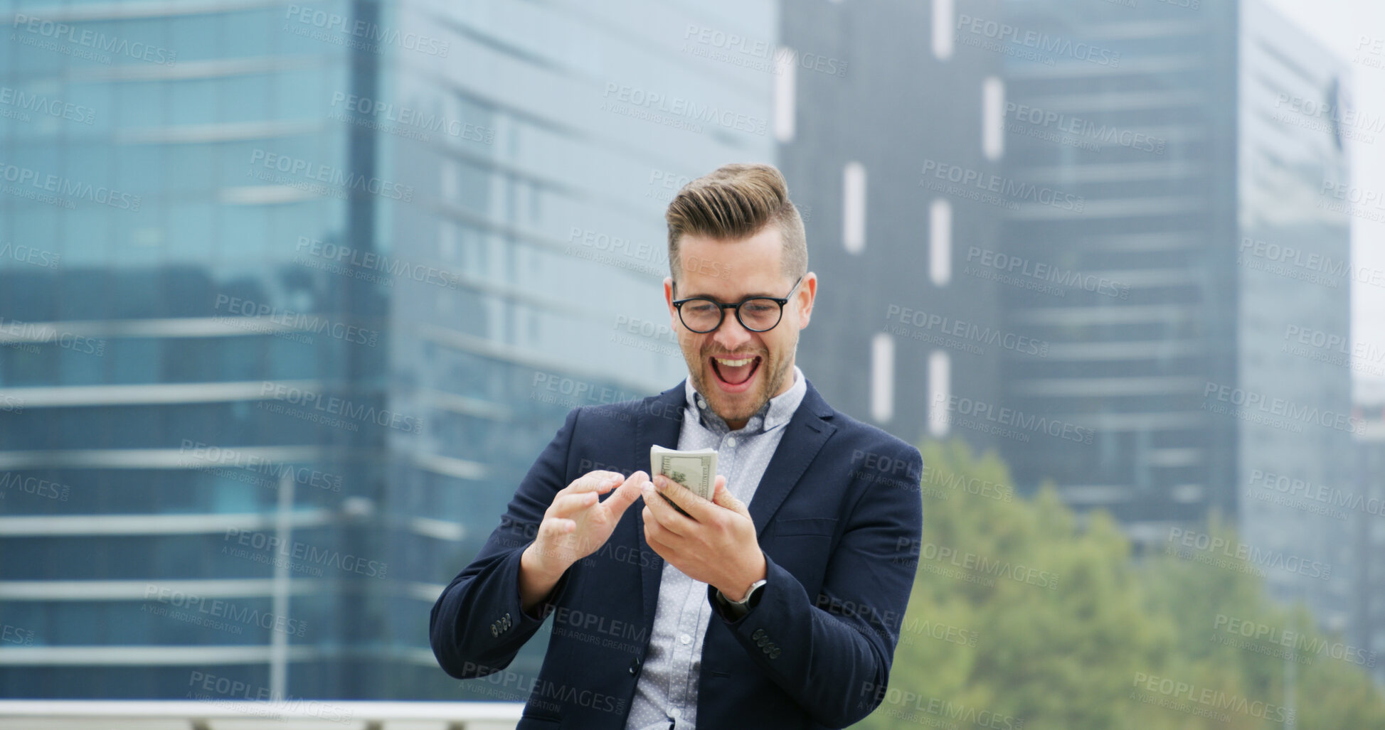 Buy stock photo Celebrate, city and business man with money for good news, trading bonus and winning profits. Corporate, excited and happy person with cash for investment, stock market success and victory in town