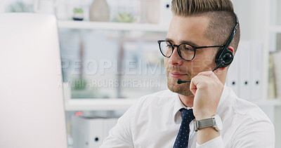 Buy stock photo Computer, call center and listening with business man for banking, loan and question. Headset, contact us and agent speaking for financial assistance, account inquiry and explain investment service