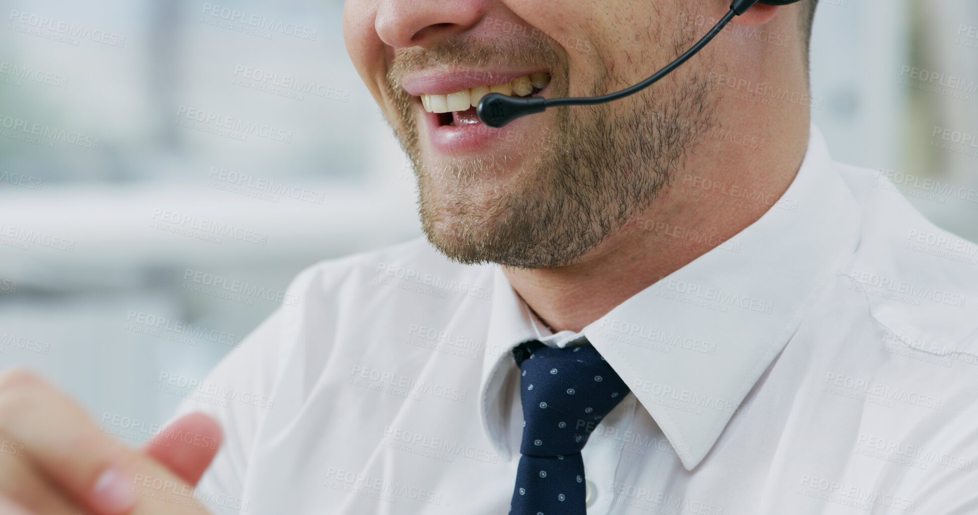 Buy stock photo Lips, call center and smile with business man for banking, loan and help customer. Mouth, contact us and happy agent speaking for financial assistance, account inquiry and explain investment service