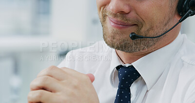 Buy stock photo Lips, call center and help with business man for banking, loan and CRM for support. Mouth, contact us and happy agent speaking for financial assistance, account inquiry and explain investment service