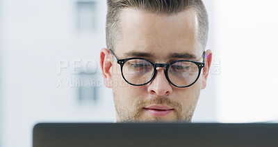 Buy stock photo Corporate, employee and man with laptop, office or reading proposal on website, planning and online. Business, account manager and person with tech for investment opportunity, research and report