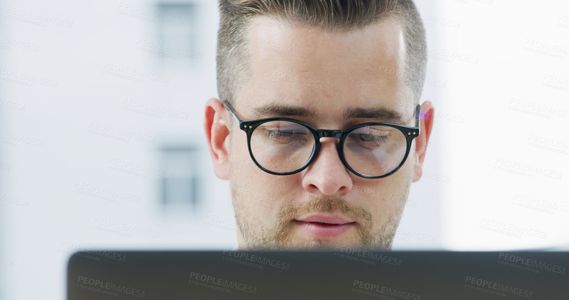 Buy stock photo Corporate, employee and man with laptop, office or reading proposal on website, planning and online. Business, account manager and person with tech for investment opportunity, research and report