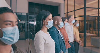 Buy stock photo Group, people and meeting with face mask in office for social distance, compliance and safety. Staff, row or waiting room of health protocol, workplace ppe and policy to stop virus of risk management