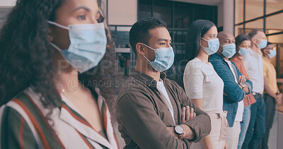 Buy stock photo Team, waiting and business people with face mask in office for social distance, talking and safety. Staff, ppe and group of employees with health protocol, policy or stop virus together in workplace.