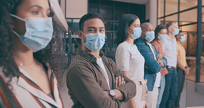 Buy stock photo Team, row and business people with face mask in office for social distance, talking and safety. Portrait, ppe and group of employees with health protocol, policy or stop virus together in workplace.