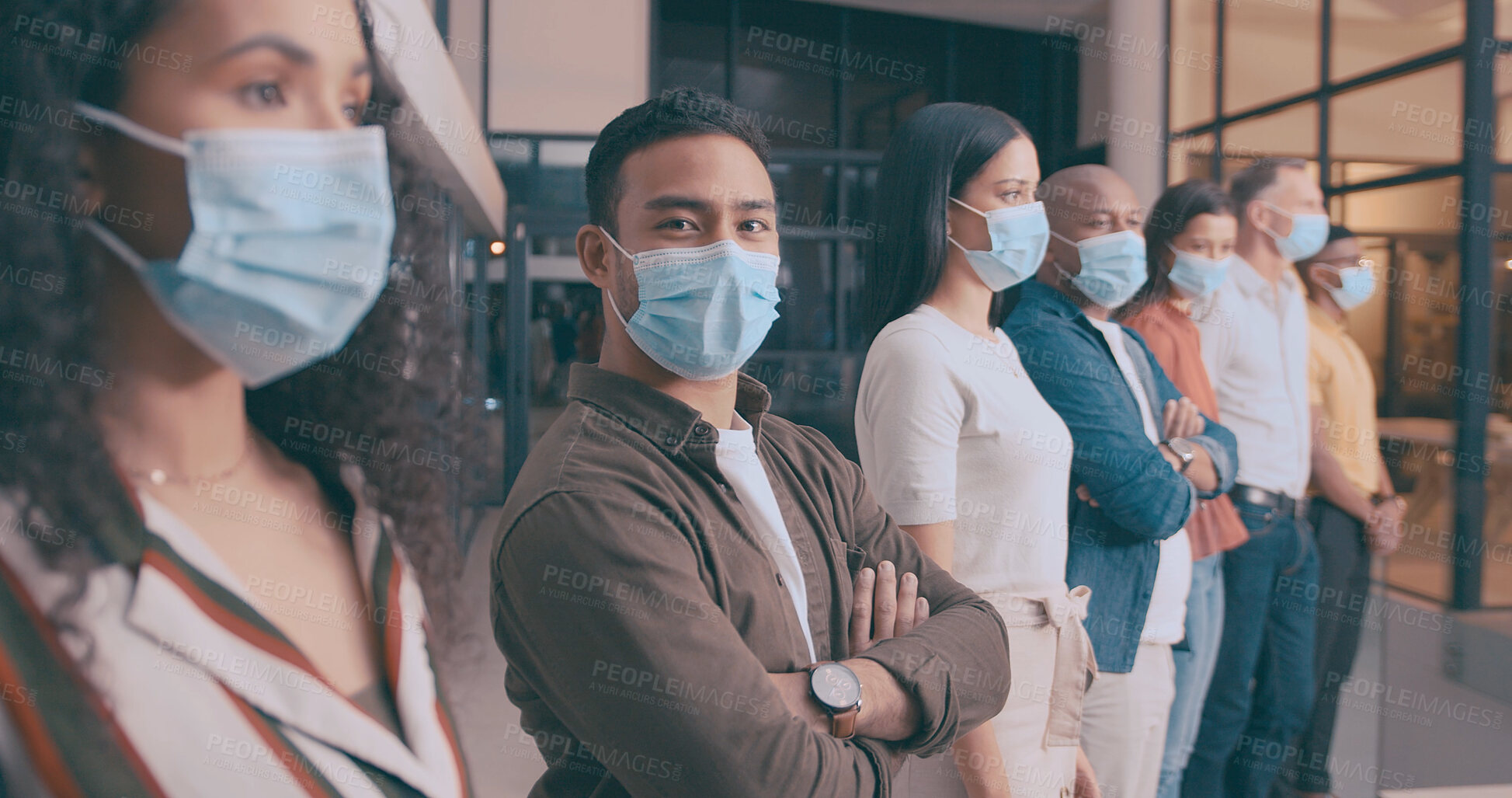 Buy stock photo Team, row and business people with face mask in office for social distance, talking and safety. Portrait, ppe and group of employees with health protocol, policy or stop virus together in workplace.