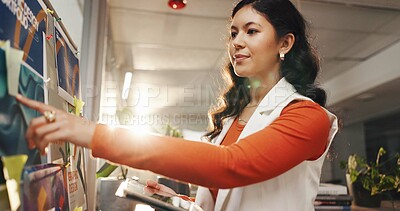 Buy stock photo Pointing, moodboard and tablet with business woman in office for graphic designer, task manager and idea. Project update, portfolio briefing and client agenda with employee and tech in media agency