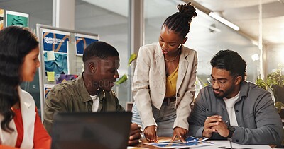 Buy stock photo Creative people, meeting and documents in office for graphic design, planning and research. Digital agency, communication and worker with tech, social media or idea for website or ui project homepage