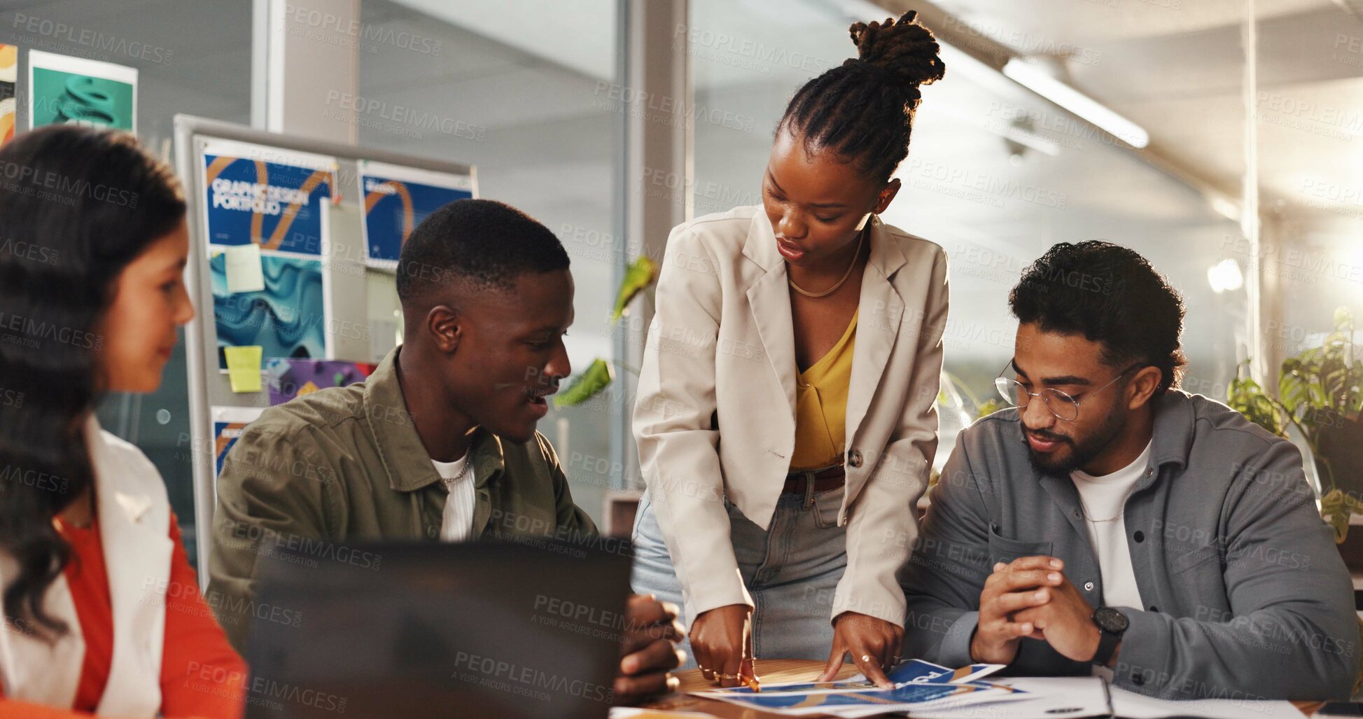 Buy stock photo Creative people, meeting and documents in office for graphic design, planning and research. Digital agency, communication and worker with tech, social media or idea for website or ui project homepage