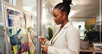Buy stock photo Black woman, whiteboard and planning with posters in office for advertising agency or brainstorming. Female person, event planner or project with layout for graphic design portfolio or marketing