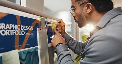Buy stock photo Graphic design, sticky note and businessman in office for inspiration with portfolio, research and mood board. Creative agency, man and project management, proposal and documents for ideas or vision