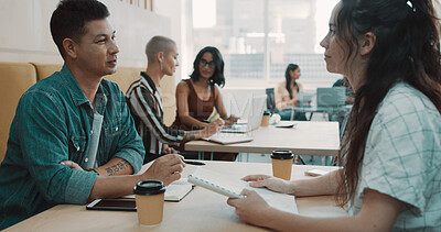 Buy stock photo Collaboration, conversation and notebook with business people in coworking office for meeting. Discussion, idea and vision with employee team in workplace together for development or planning