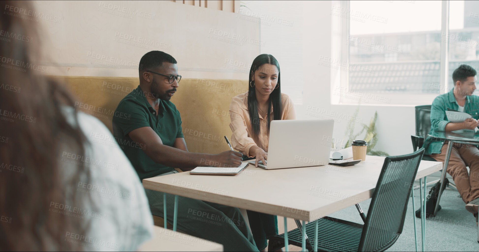 Buy stock photo Business people, laptop and collaboration in office for advice, training and planning. Administration, manager and writing notes in agency for feedback, help and assistance with learning software